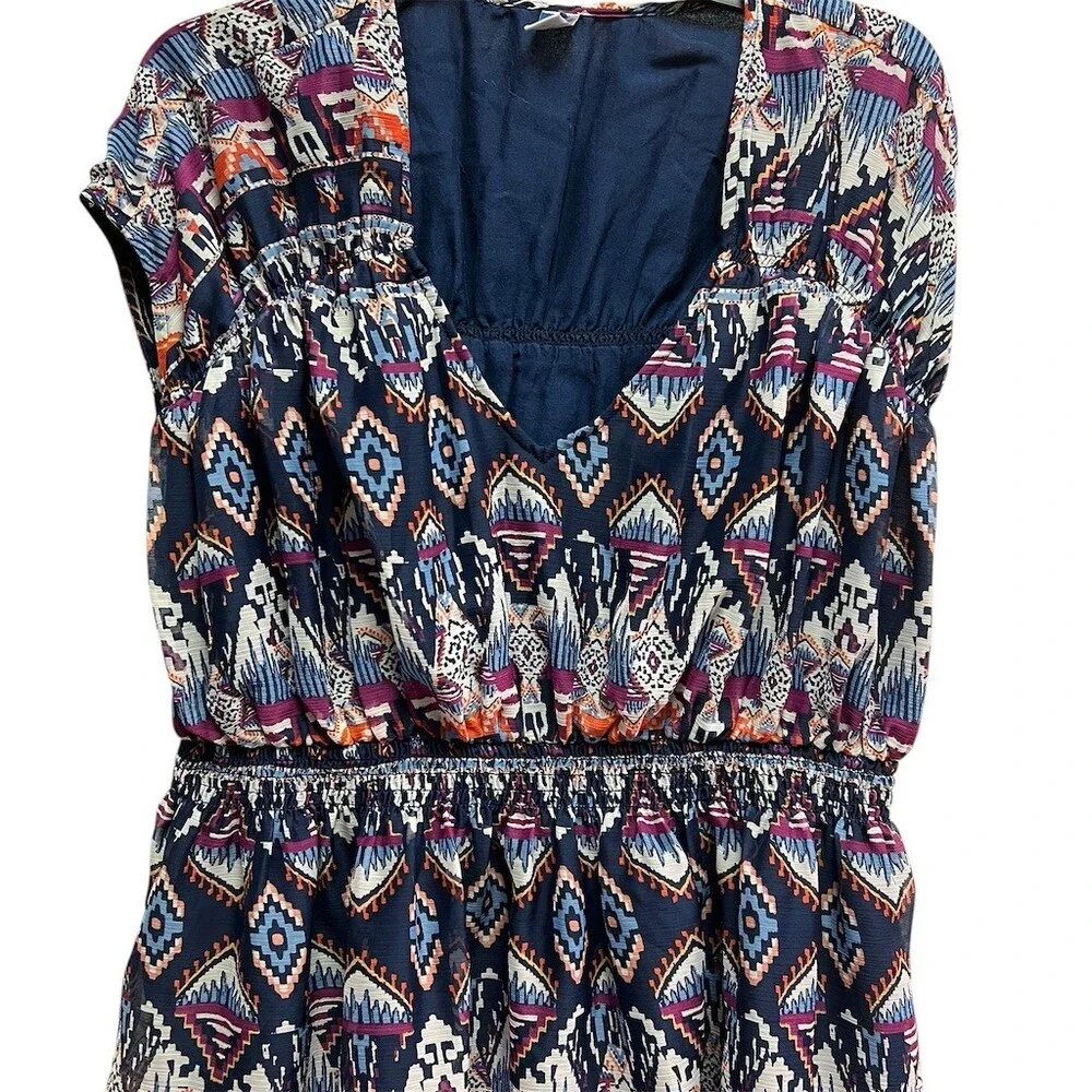 Old Navy Blouse Womens XL Blue Geometric Ikat Boho Dolman V-Neck Top